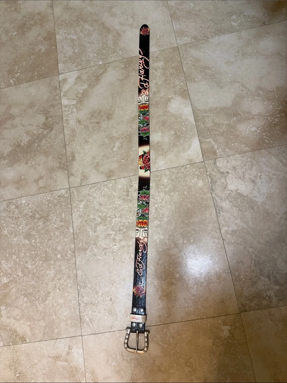 Ed Hardy Black Floral Embroidered Belt with Multicolor Accents